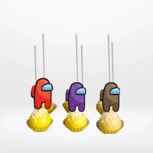 Among Us cakepops in bright colours with character visor details, handcrafted by the best bakery in Birmingham.