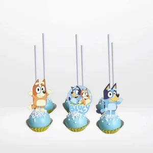 Bluey and Bingo cake pops with colourful character details for birthday cake delivery in Birmingham.