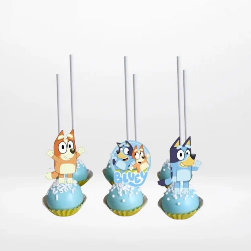 Bluey and Bingo cake pops with colourful character details for birthday cake delivery in Birmingham.