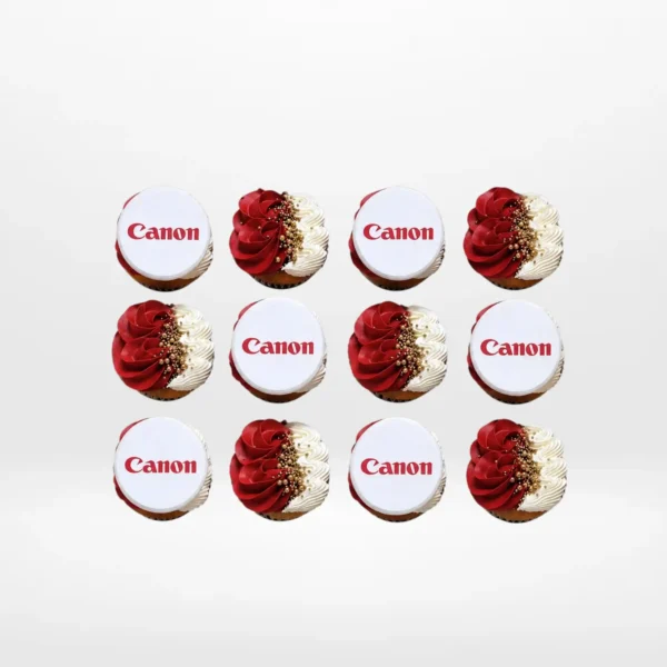 Branded cupcakes with edible printed logos created for Birmingham cupcakes customers.