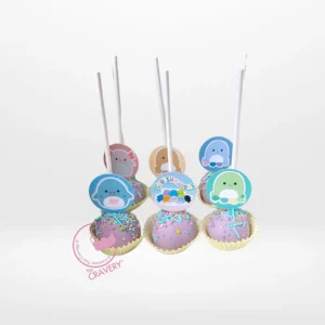 Squishmallows themed cake pop cake with colourful character cake pops for birthday celebrations in Birmingham.