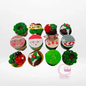 Christmas holiday cupcakes with festive buttercream and seasonal edible decorations, handcrafted by the best bakery in Birmingham.