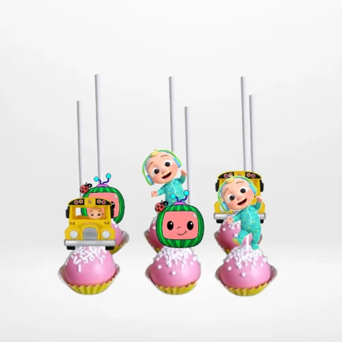 Cocomelon cakepops with colourful character decorations, freshly handcrafted for cake Birmingham customers.