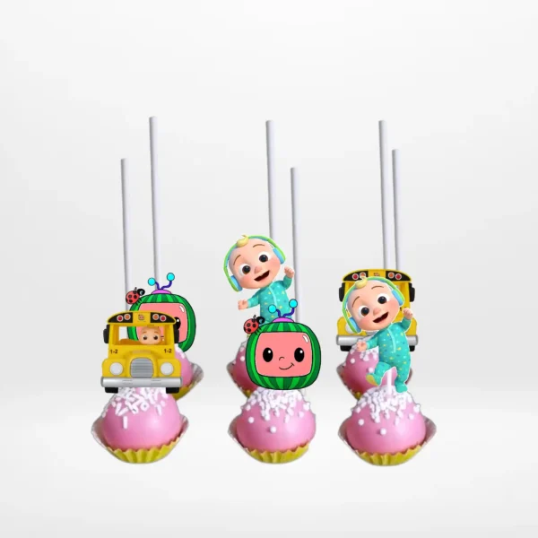 Cocomelon cakepops with colourful character decorations, freshly handcrafted for cake Birmingham customers.