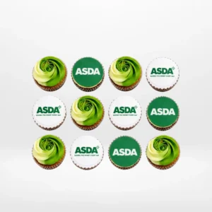 Corporate cupcakes with edible logo toppers, freshly prepared for cupcake delivery in Birmingham.
