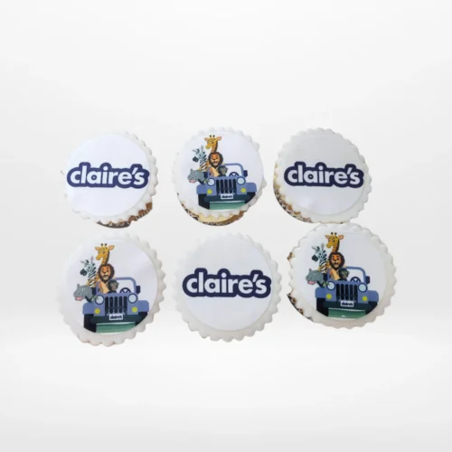 Cupcakes branded with edible company logos, freshly crafted for Birmingham cupcakes customers.