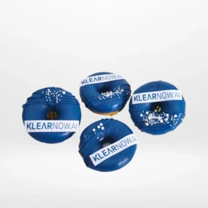 Branded doughnut with edible printed logo topper, freshly crafted for doughnut Birmingham events.