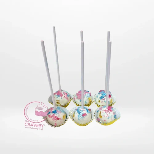Gender reveal cakepops with pink or blue filling, handcrafted at a cake shop in Birmingham.