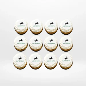 Branded logo cupcakes with edible printed toppers, freshly crafted for Birmingham cupcakes customers.
