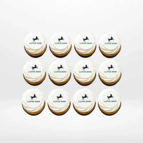 Branded logo cupcakes with edible printed toppers, freshly crafted for Birmingham cupcakes customers.