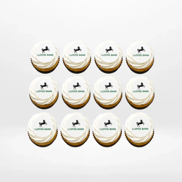 Branded logo cupcakes with edible printed toppers, freshly crafted for Birmingham cupcakes customers.