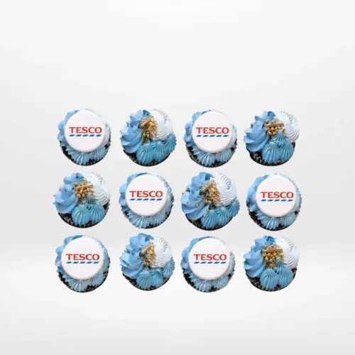 Cupcakes with edible printed logos displayed on buttercream, prepared for cupcake delivery Birmingham.