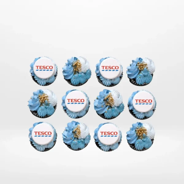 Cupcakes with edible printed logos displayed on buttercream, prepared for cupcake delivery Birmingham.