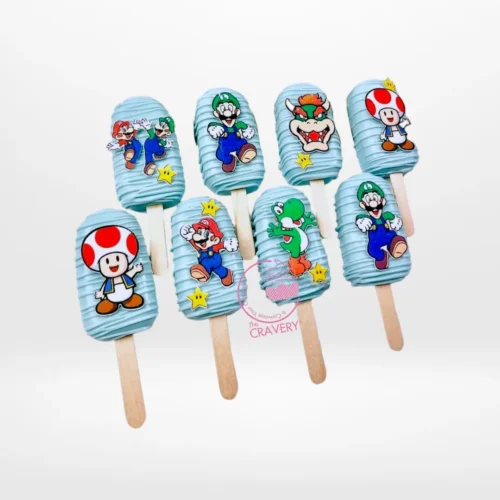 Mario themed cakesicles handcrafted at a cake shop in Birmingham.