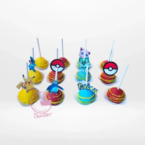 Pokemon themed cakepops featuring Pikachu, Poké Balls, and colourful character designs from a cake shop in Shirley.