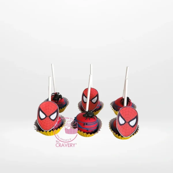 pop cakes Spiderman themed with red and blue character decoration from a cake shop in Handsworth.