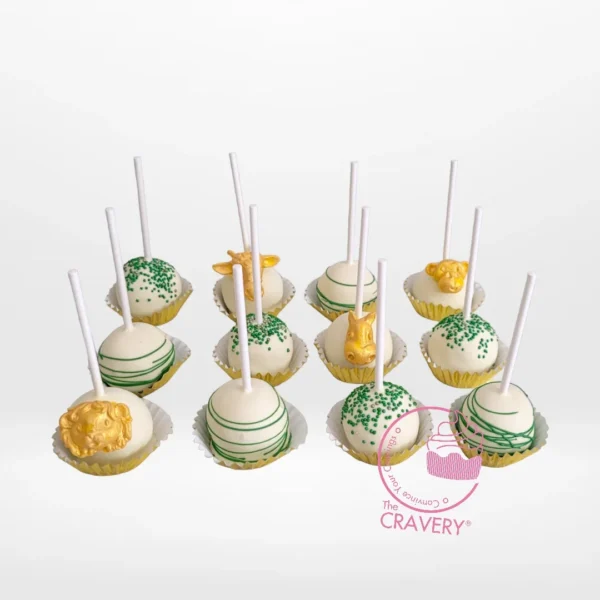 Safari jungle themed cakepops featuring handcrafted animal designs from a cake shop in Maypole.