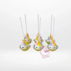 Unicorn themed cake pop with pastel colours and gold horn from the best cake shop in Birmingham.