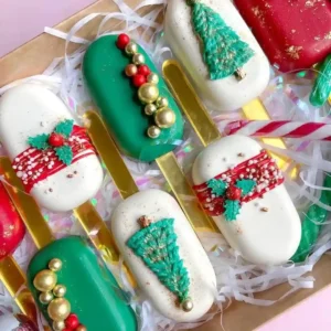 Christmas cakesicle decorated with festive chocolate designs, handcrafted by the best cake shop in Birmingham.