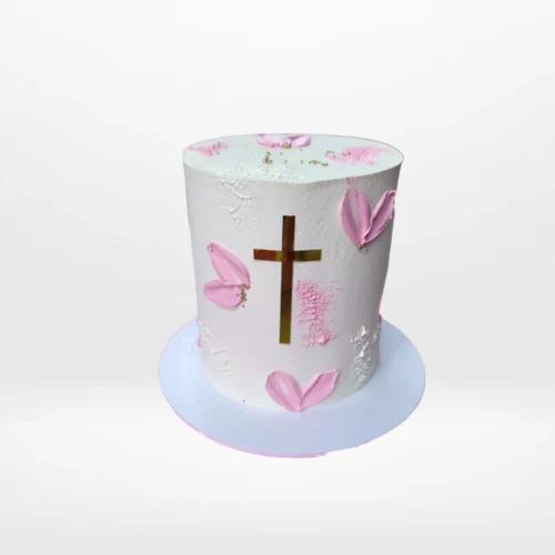 1st communion cake with elegant design and smooth buttercream finish handcrafted in Birmingham.