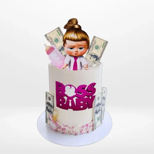 Bossbaby Cakes themed with pink styling and cute character design made in Birmingham.