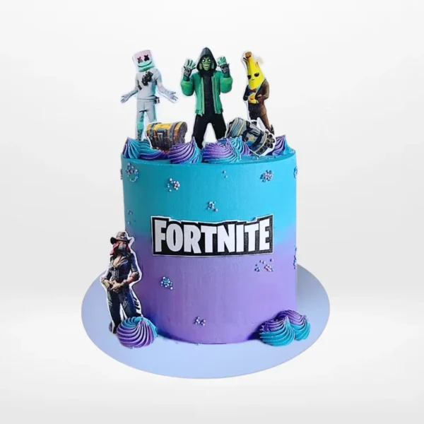 Fortnite themed cake with bold gaming design and vibrant decoration handcrafted in Birmingham.