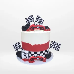 Race car themed cake with bold design and detailed decoration handcrafted in Birmingham.