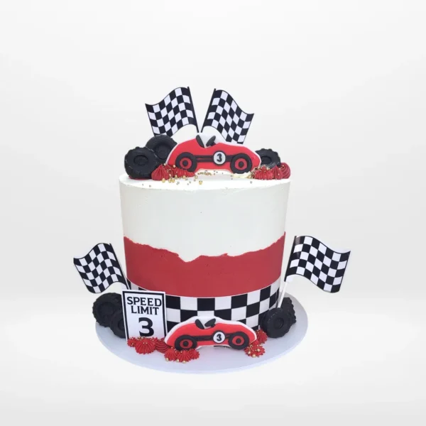 Race car themed cake with bold design and detailed decoration handcrafted in Birmingham.