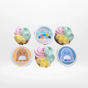 Squishmallow themed cupcakes with cute character design and soft colours made in Birmingham.