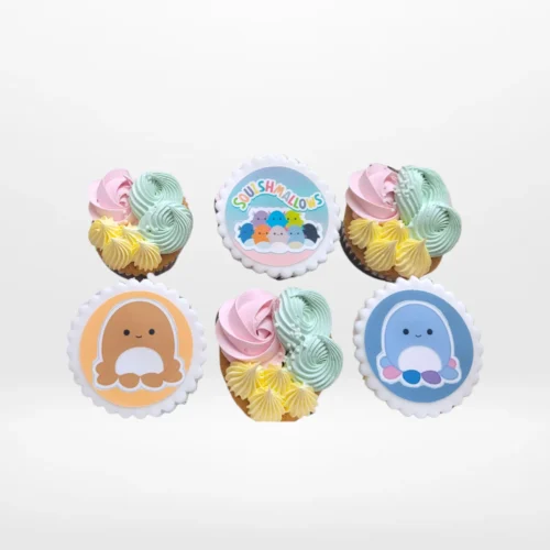 Squishmallow themed cupcakes with cute character design and soft colours made in Birmingham.