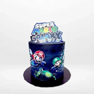 Super Mario galaxy themed cake with colourful gaming design made in Birmingham.