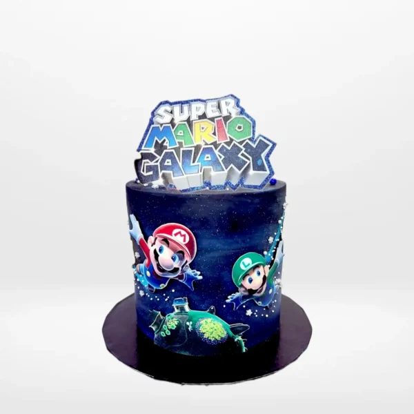 Super Mario galaxy themed cake with colourful gaming design made in Birmingham.
