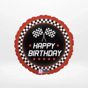 Racing balloon with colourful motorsport-themed design from Cake Shop Dudley.