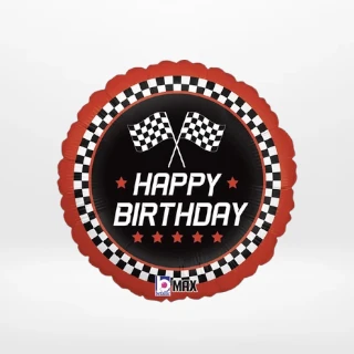Racing balloon with colourful motorsport-themed design from Cake Shop Dudley.