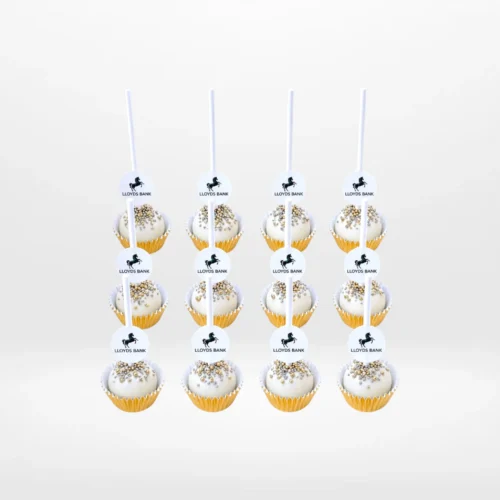 Branded Cake Pops with personalised logo decoration and elegant finish handcrafted in Birmingham.