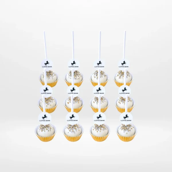 Branded Cake Pops with personalised logo decoration and elegant finish handcrafted in Birmingham.