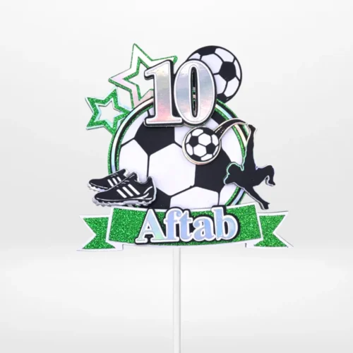 Personalised layered 3D football cake topper with footballs, boots, stars, and player silhouette.