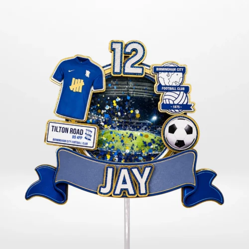 Football theme cake topper with layered 3D shaker design customised in your favourite team colours from Cake Shop Birmingham.