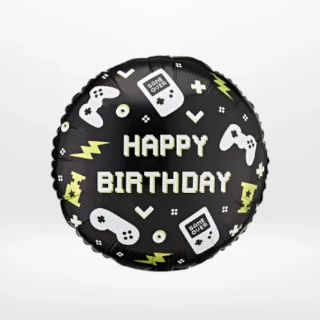 Gaming balloon with colourful video game themed design prepared in Birmingham.