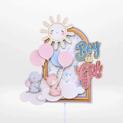 Gender reveal cake topper with layered 3D shaker design, pastel rainbow, balloons, and baby-themed decorations from Cake Shop Dudley.