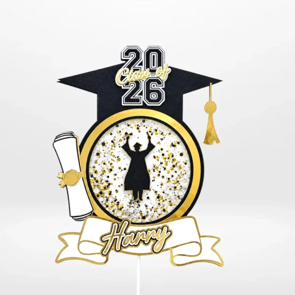 Premium graduation cake topper with shaker design and glitter from Cake Shop Birmingham.