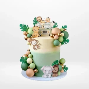Jungle animals cake with safari animal images and decorative balls from Cake Shop Birmingham.