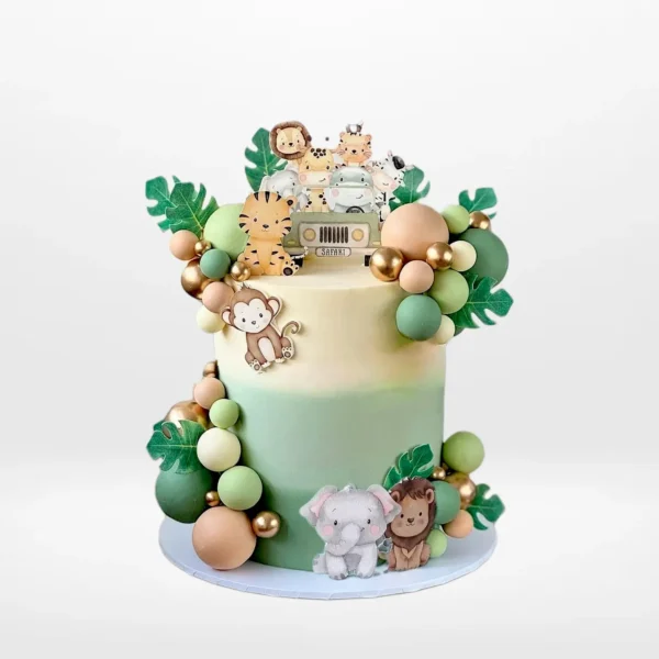 Jungle animals cake with safari animal images and decorative balls from Cake Shop Birmingham.