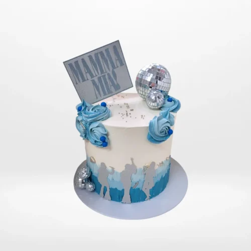 Mamma Mia themed cake with blue and white decorations from Cake Shop Dudley.