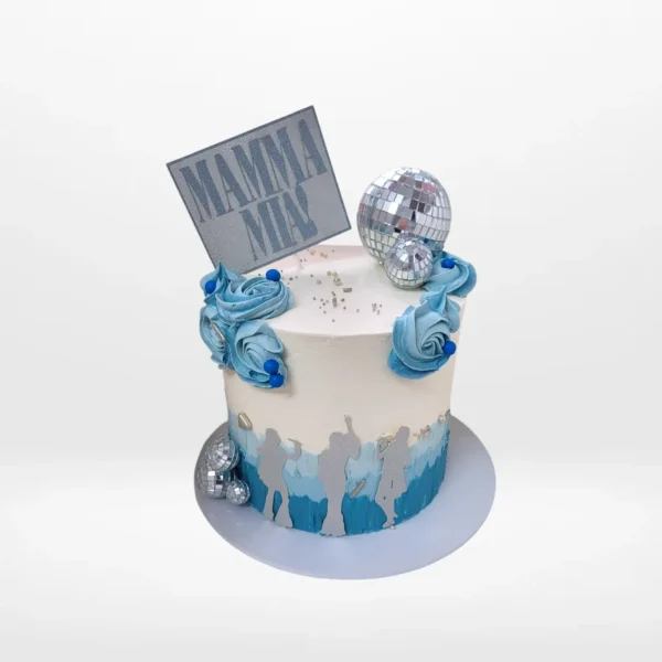 Mamma Mia themed cake with blue and white decorations from Cake Shop Dudley.