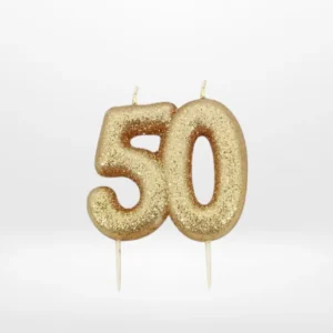 7 cm gold glitter 50th birthday candle for milestone birthday cakes.