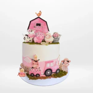 Pink farm cake with non-edible printed farm animal images from Cake Shop Solihull.