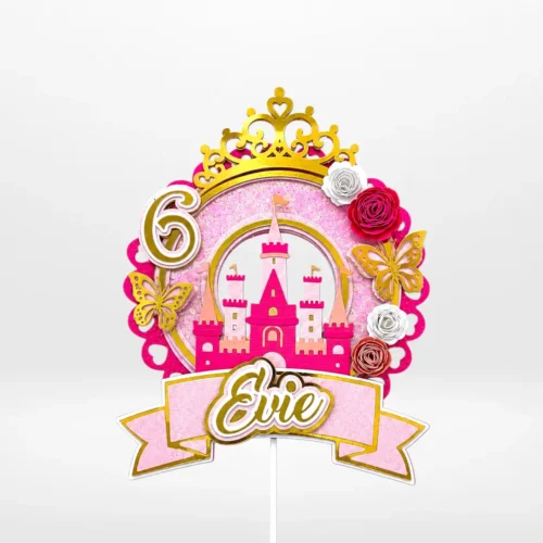Princess cake topper with layered 3D shaker design, castle, crown, and butterflies from Cake Shop Walsall.