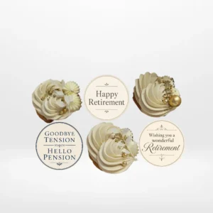 Elegant Retirement Cupcakes with buttercream swirls and retirement toppers from Cake Shop Solihull.