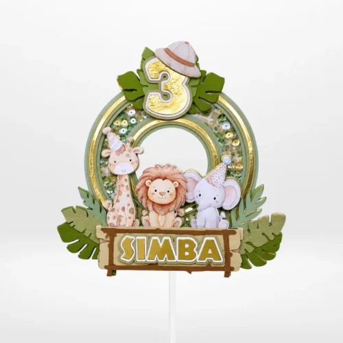 Safari cake topper with layered 3D shaker design, giraffe, lion, elephant, and jungle leaves from Cake Shop Birmingham.
